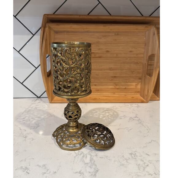 Reticulated Brass Pedestal Candle Holder Vintage Mid-Century Gothic Brass Decor - Picture 6 of 12